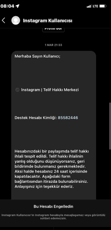 instagram telif hakkı merkezi ve sahte mesaj
